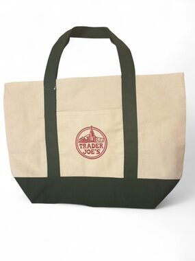 Beige and Dark Green Canvas Tote Bag